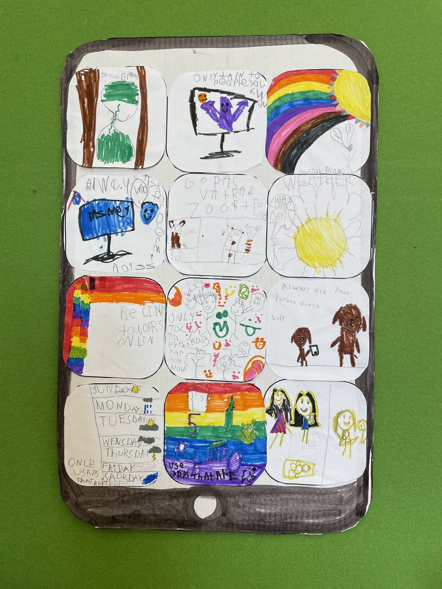 reidgreenblue's tweet photo. For #digitalcitizenship week we used some of @CommonSenseEd lessons as a jumping off point for convos about how we should use technology in school and at home. Each student got a blank “app” to illustrate a rule they came up with on our “Tablet of Tech Rules” #pypdesign #makered https://t.co/tpd1Ex3gPD