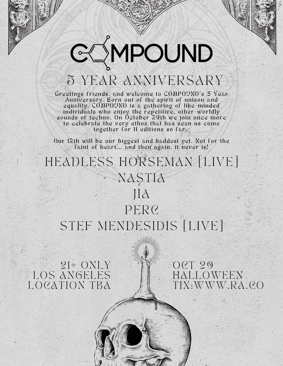 namlook2's tweet photo. Best #techno is ready in #LA! This #SatOct29th is the 5 Years Anniversary of @lacompound with #HeadlessHorseman, #Nastia, @jia6am, @perctrax and #StefMendesidis!
.
#LACompound #Jia6am #6amgroup #technomusic
#perctrax #namlook2 #synthetikminds #incognito
https://t.co/eVf0rfXroT https://t.co/It8vnQ5Nmw