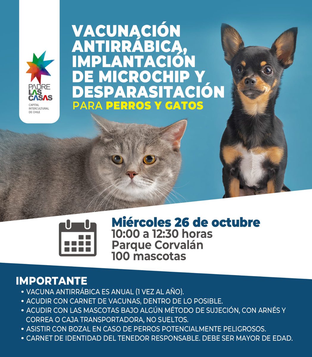 Nuevo operativo de vacunación antirrábica, implantación de microchip y desparasitación para 🐶🐈

Te esperamos mañana miércoles 26 de octubre desde las 10:00 am en el Parque Corvalán #Padrelascasas 
👉🏻Cupo: 100 mascotas 

Para información leer aquí ⬇️⬇️⬇️