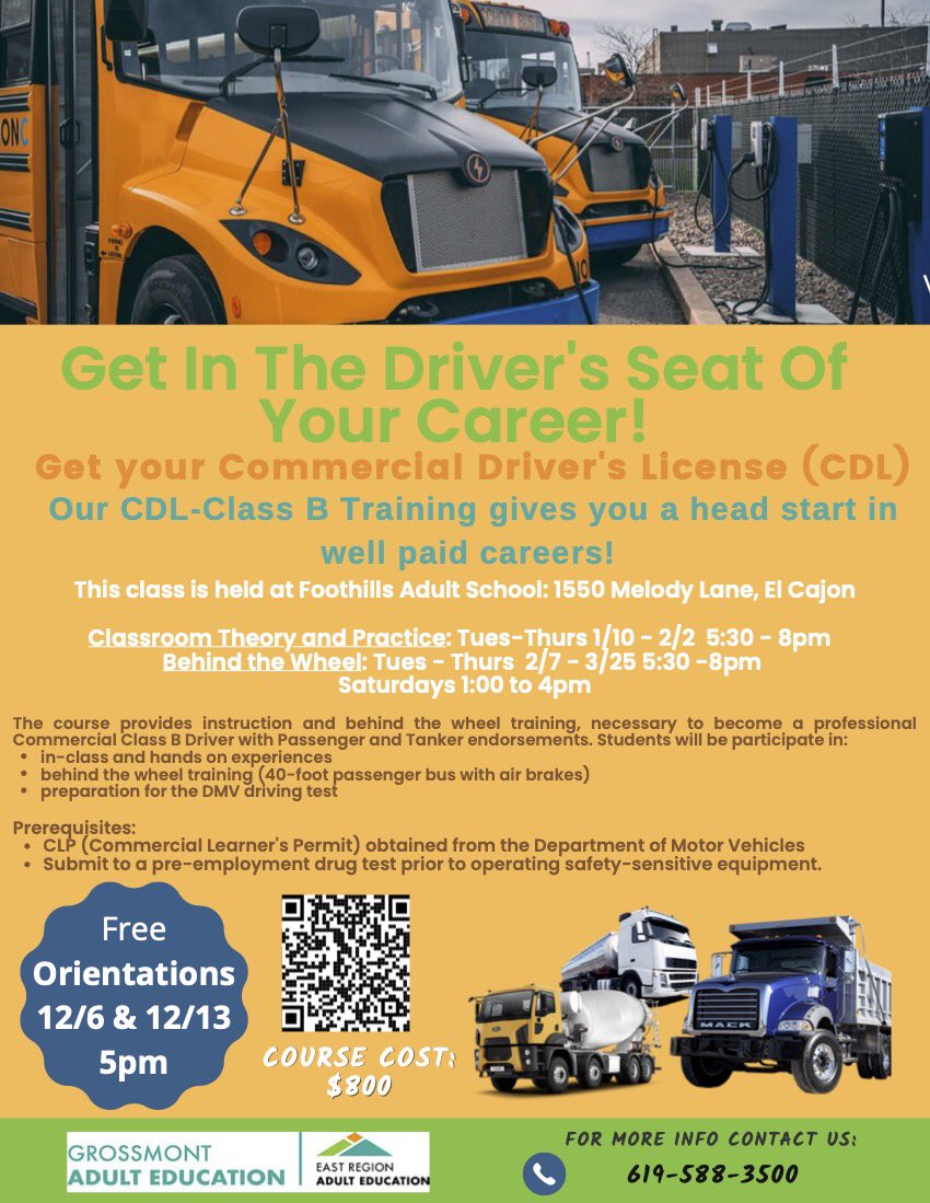 Get behind the wheel of a new career! Sign up for our CDL Class-B license training course and get all the training you need for a job as a commercial driver. Contact info on the flyer, reach out today!
#adulteducation #adulted #adultedworks #erae2022 #education #educationmatters