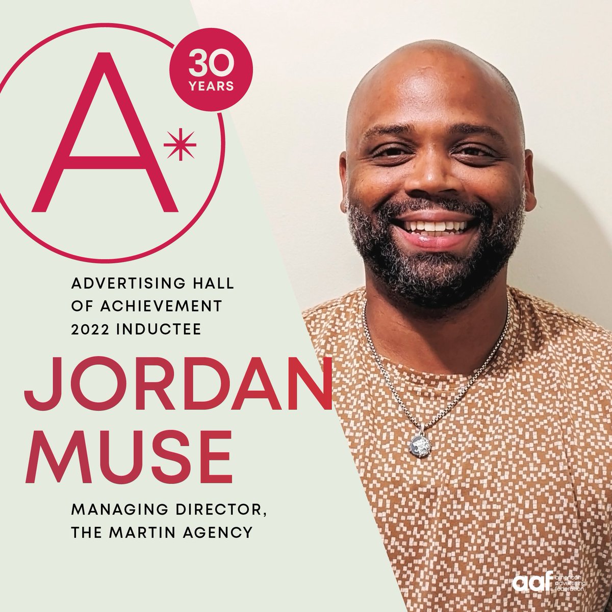 Meet the #AHOA22 Class!
Name: Jordan Muse
Job: Managing Dir., <a href="/MartinAgency/">The Martin Agency</a>
About: “An incredible ally and partner for Nike, but an even better human being.” —Andy Whiteside <a href="/Nike/">Nike</a>

Join us 11/16 to celebrate at the Hall of Achievement ceremonies aaf.org/ahoa #AHOA2022