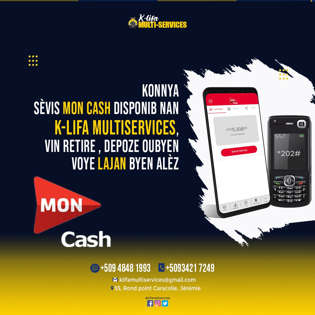 KlifaMultiS's tweet photo. Konnyasèvis mon cash disponib nan K-lifa Multiservices,vin retire , depoze oubyenvoye lajan byen alèz.
#klifamultiservices https://t.co/Fl0W9DNSZn