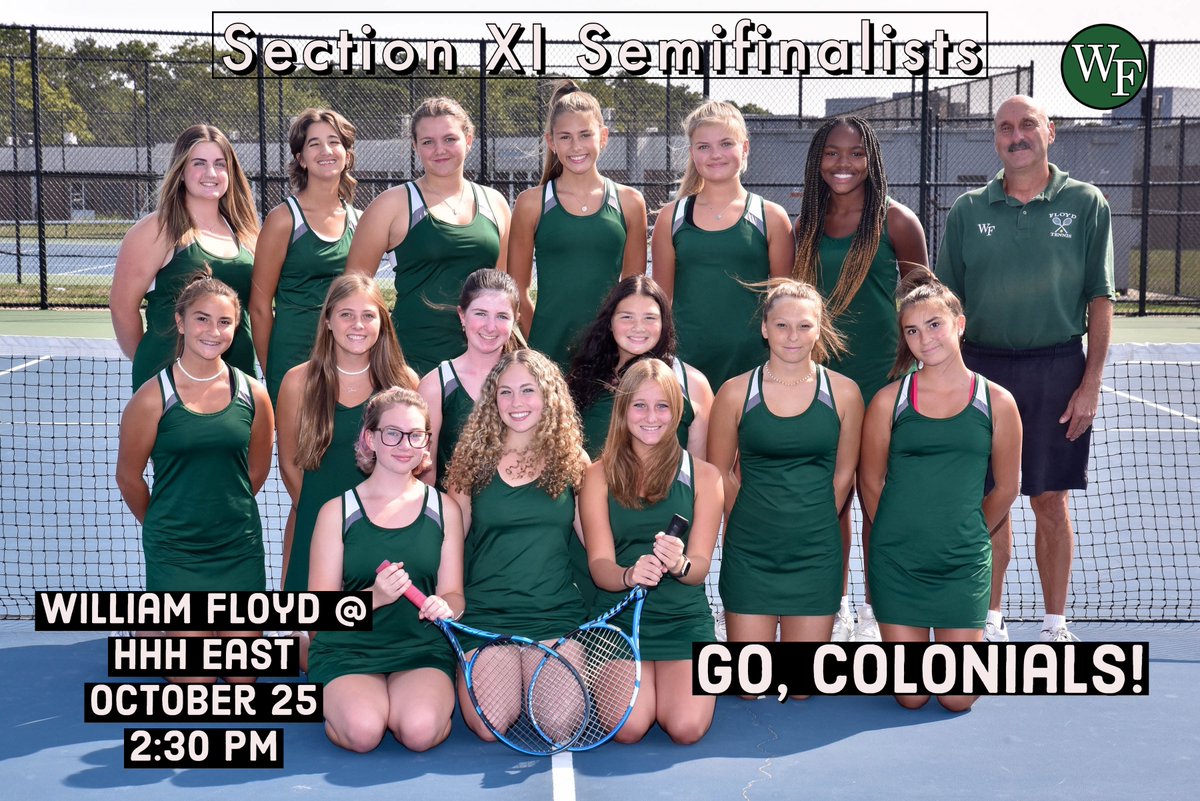WilliamFloydSD's tweet photo. Good luck to the No. 3 ranked William Floyd girls' varsity tennis team in the semifinals today as they travel to No. 2 HHH East at 2:30 pm! With two decisive playoff victories in the books, a trip to the finals is on the line! #FloydStrong #GoColonials #SectionXI #Playoffs https://t.co/mBCPADOvR0
