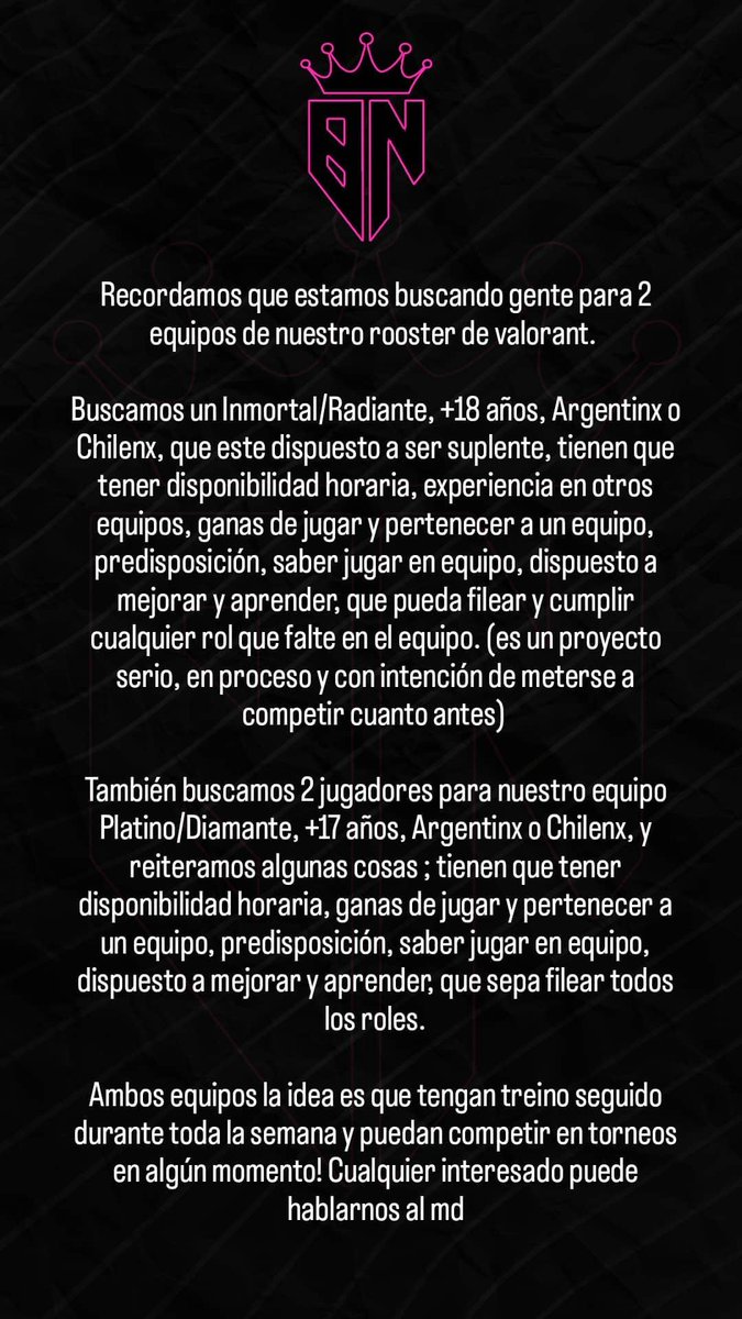 BNTeam__'s tweet photo. Buscamos gente para el rooster de valorant, más info en la imagen.

#esportbusqueda #busquedaesport #fa #teamvalorant #esport #valorant #fortnite #gaming https://t.co/iCGH9SqnrL https://t.co/KHNoypaVJt