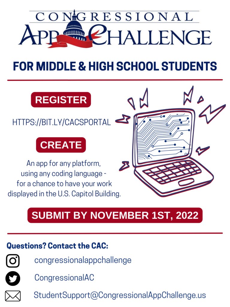 Did you know that Congress has a hackathon for students across the country? Middle and High School Students, don’t miss out on this year’s @CongressionalAC - a great opportunity to be honored by Congress!