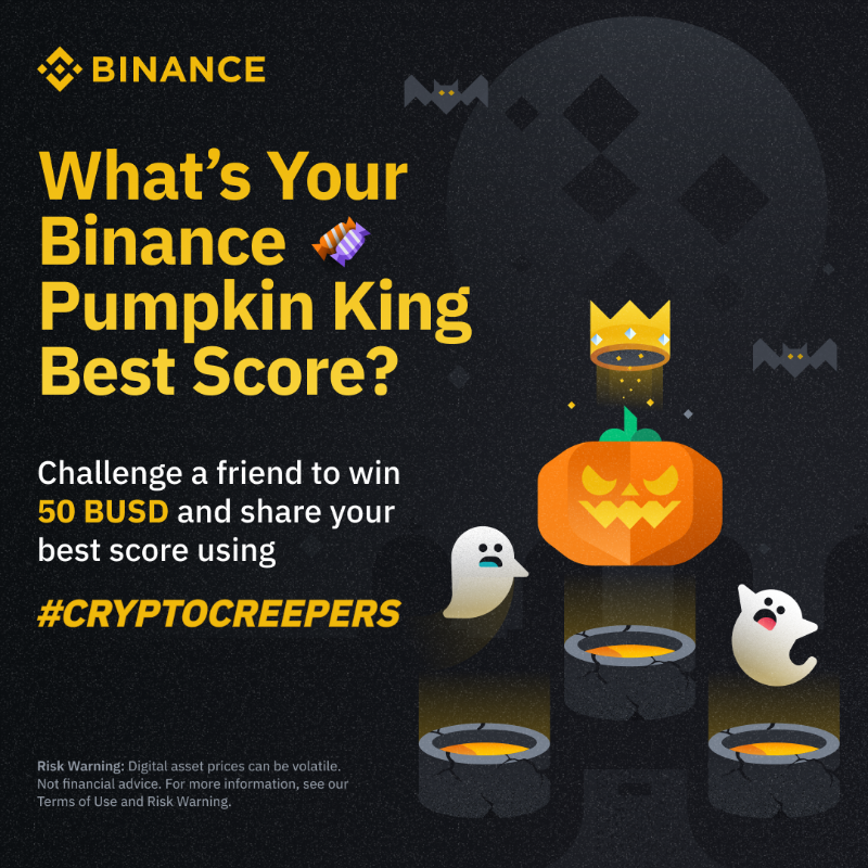 binance's tweet photo. Have you played Pumpkin King on the #Binance app yet?

If not, here's your chance to win a bonus prize of 50 #BUSD

🔸 Retweet &amp; follow @binance
🔸 Share a screenshot of your best score
🔸 Tag your friends and challenge them using #CryptoCreepers