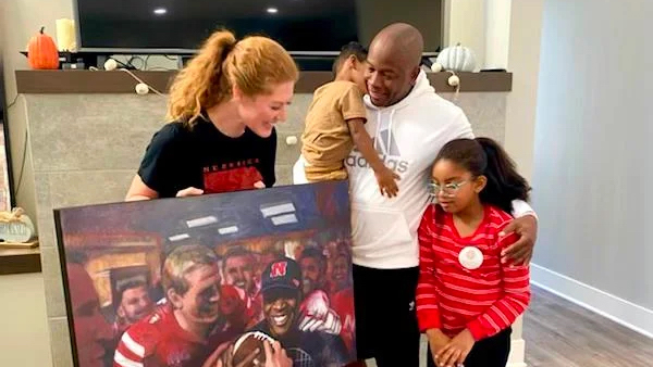 Huskers's tweet photo. Wholesome Husker Content 🥹🏈🖼

ICYMI, this past weekend licensed Husker artist Ashley Spitsnogle surprised Coach Joseph's family with this INCREDIBLE painting of his first game ball.

There is No Place like Nebraska! #GBR https://t.co/5ivg2hJpzD