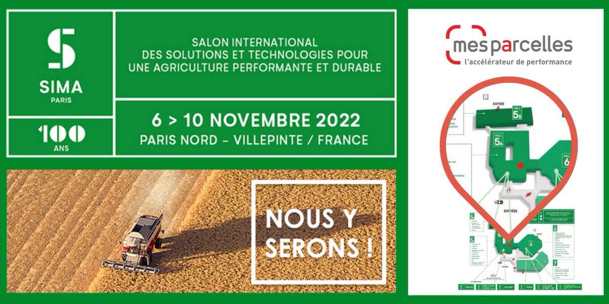 [SIMA] J-13 🗓️

Toute l'équipe #MesParcelles vous attend nombreux au #SIMA2022 , pour sa 100ème édition. 
Au programme des ateliers de démonstration live de nos solutions et un jeu concours 🏆

⏰ 6-10 Novembre 2022
📍 Paris Nord - Villepinte
🤝 Stand K036 - Pavillon 5A
