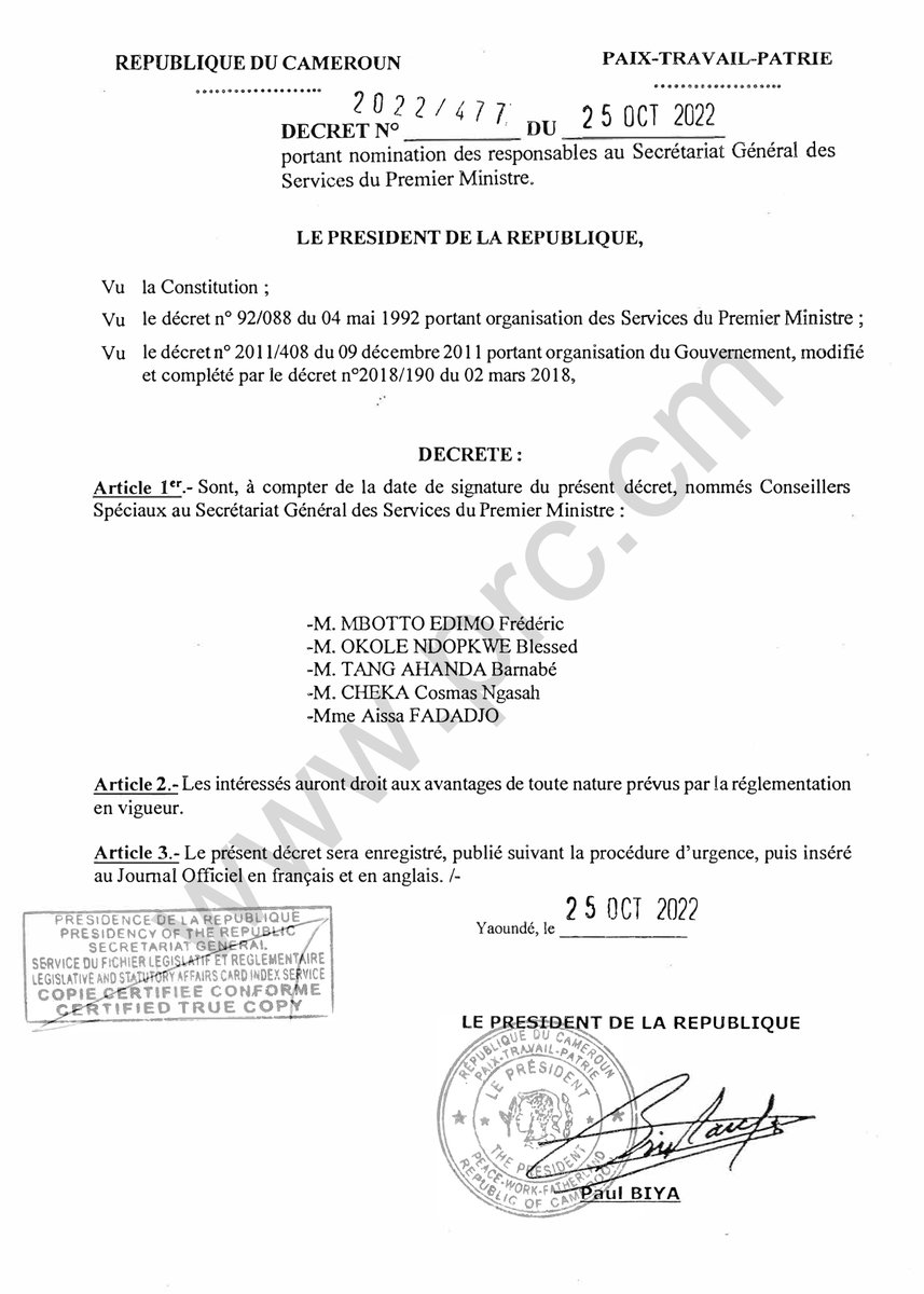 PR_Paul_BIYA's tweet image. Décret portant nomination des responsables au Secrétariat Général des Services du Premier Ministre.
#PaulBiya
#Cameroun
