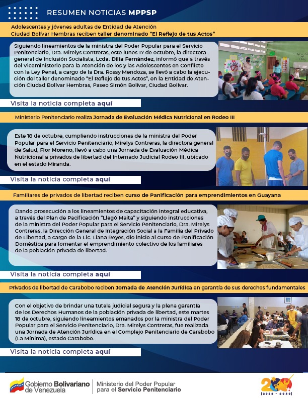 mppsp_vzla's tweet photo. #ResumenMPPSP 🔍 || Te invitamos a leer nuestro resumen informativo con las noticias más relevantes de la semana ejecutadas por el MPPSP en pro del Fortalecimiento Integral del Sistema Penitenciario venezolano.
¡Hacia la Mujer y el Hombre Nuevo!
#MujerProtagonistaDeLaPatria https://t.co/5e7Qiskil8