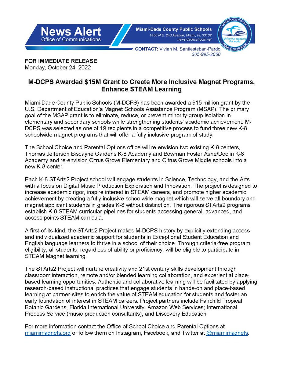 .<a href="/MDCPS/">Miami-Dade Schools</a> Awarded $15M Grant to Create More Inclusive Magnet Programs, Enhance STEAM Learning. #YourChoiceMiami @MiamiMagnets  
news.dadeschools.net/cmnc/new/32538