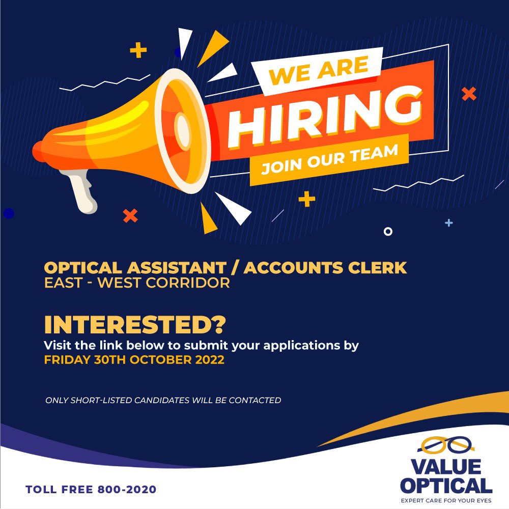 ValueOpticalLtd's tweet image. Value Optical is looking for an Optical Assistant/Accounts Clerk for the East - West Corridor.

If interested, please use the link below to submit your applications by Friday 30th October 2022

valueoptical.com/join-our-team/

Only short-Listed candidates will be contacted #valueoptical