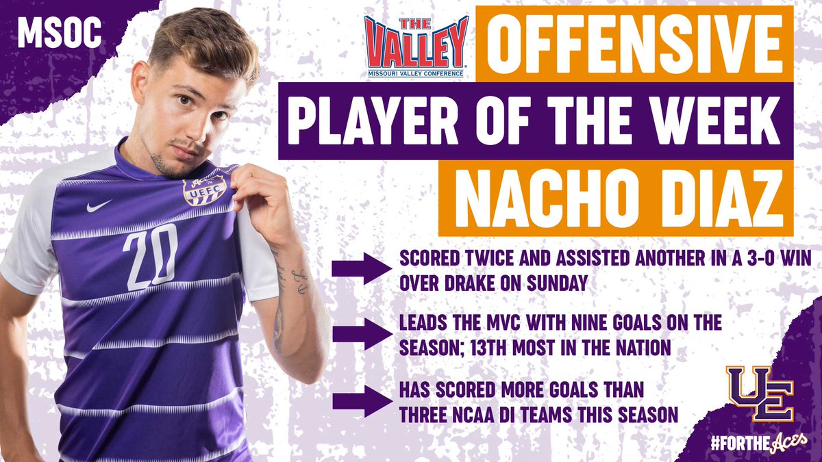UEAthleticsMSOC's tweet photo. Make it three times this season! 😤

@DiazNacho9 is @MVCsports Offensive Player of the Week!

⚽ #ForTheAces x #TPST https://t.co/oQHLtlVy8o
