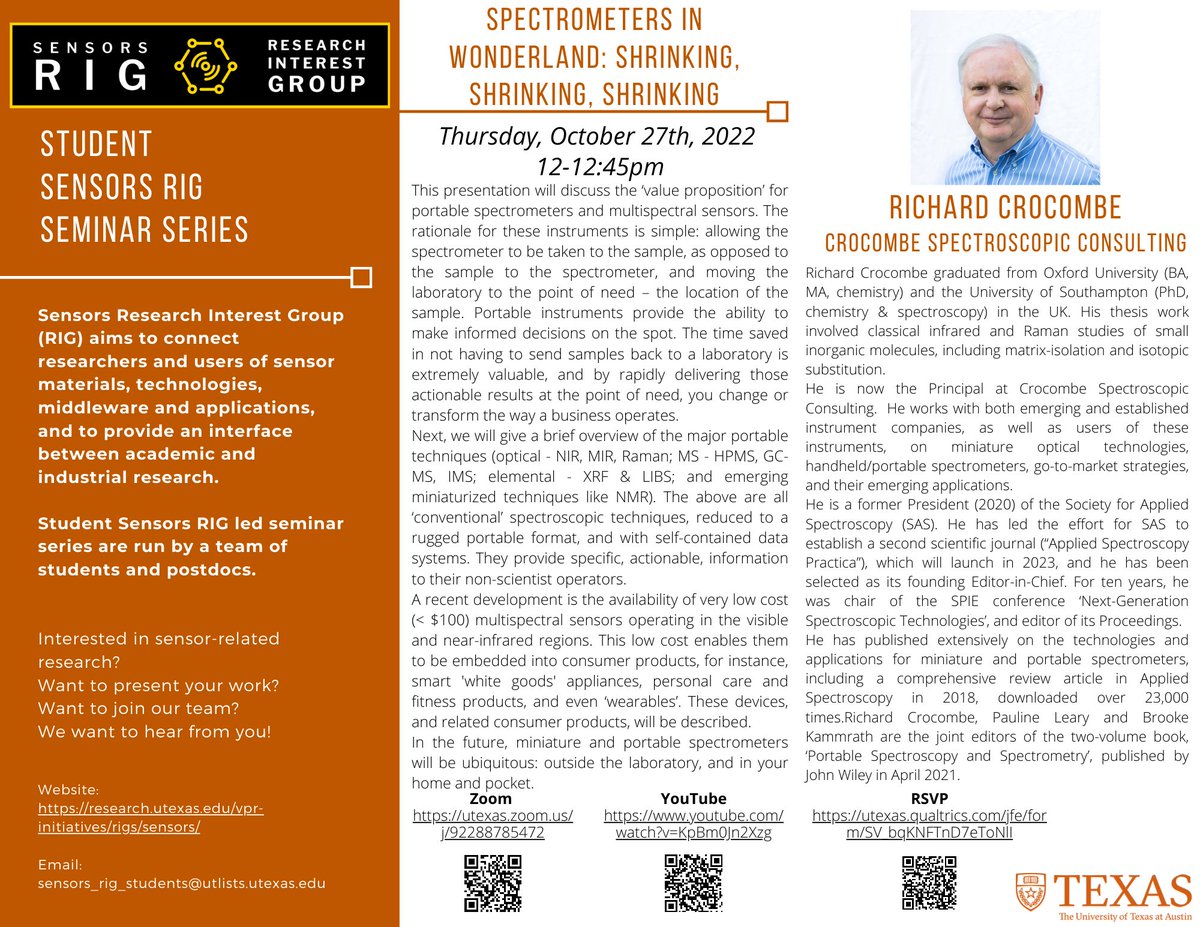 Hi! We are excited to host Richard Crocombe for a talk this Thursday, October 27th, 2022, from 12-12:45pm. The title of his talk is "Spectrometers in Wonderland: Shrinking, Shrinking, Shrinking." 

Zoom: utexas.zoom.us
j/92288785472

YouTube: youtu.be/-GHxtxpL1X8