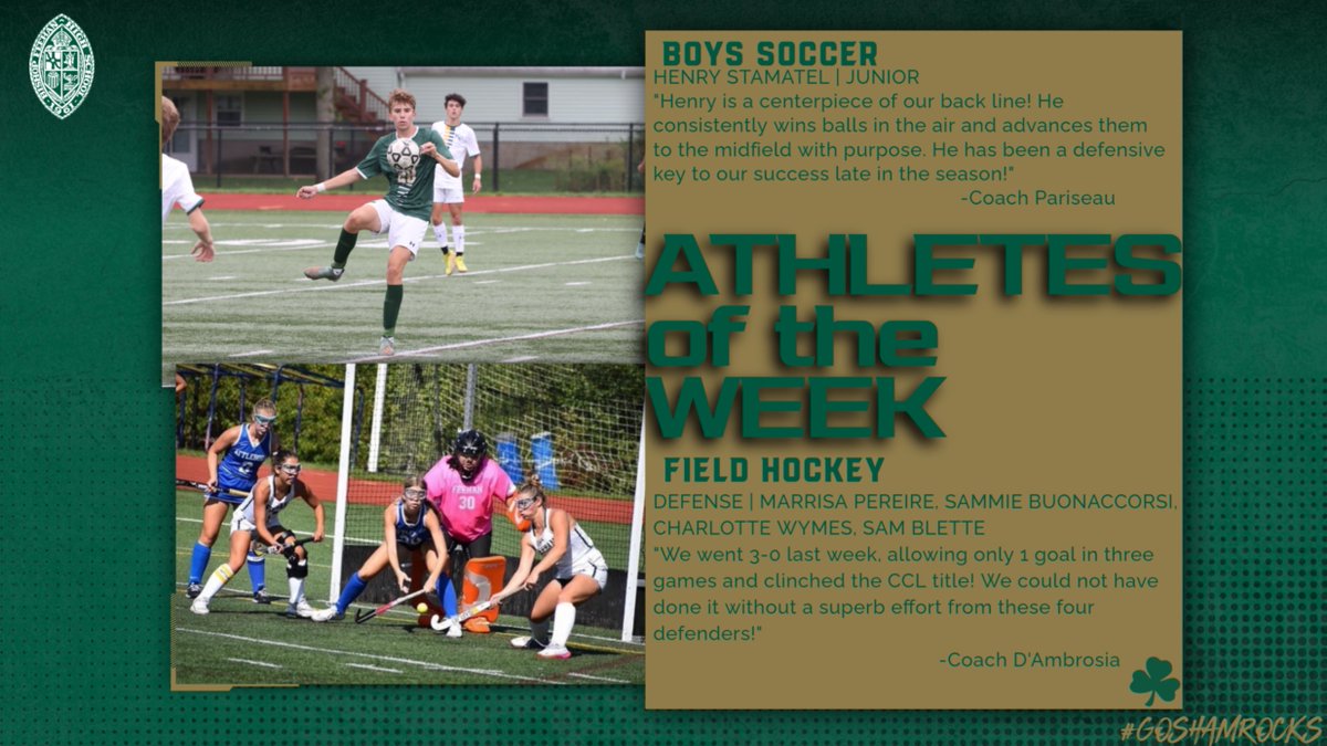 FeehanAthletics's tweet photo. Congratulations to The Athletes of The Week for Week 6! Defense is this week's theme! Henry, Marisa, Sammie, Charlotte and Sam all put forth tremendous defensive efforts all season, but particularly in these last weeks of the season! #GoShamrocks @Feehan_BSoccer @Feehan_FHockey https://t.co/P9btz9s236