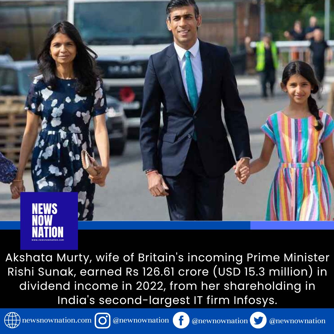 NewsNowNation's tweet image. Rishi Sunak&apos;s wife Akshata earned Rs 126.6 cr dividend income from Infosys in 2022#RishiSunak 
#infosysinnovationnetwork 
#PMofUK #britishpolitics #viralnews #Trending #TrendingNow #BreakingNews #Latest #LatestNews #updates #NewsUpdates #RishiSunak # @GauravVirendraA