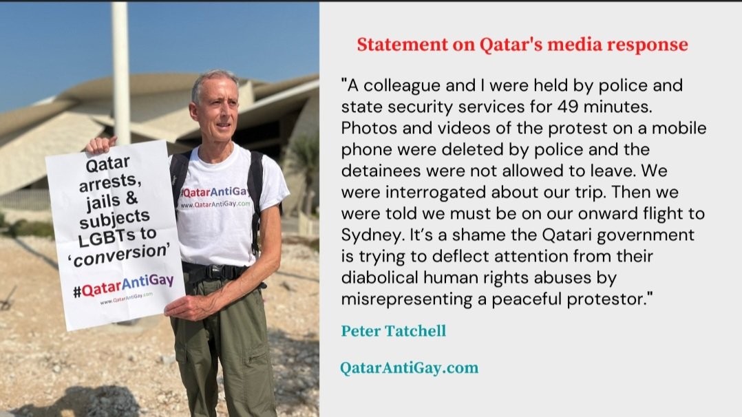 GINindianUK's tweet photo. We are pleased to hear that LGBT+ campaigner @PeterTatchell has now been freed by #Qatar police after staging the first LGBT+ protest in the homophobic Gulf state. 
@FIFAcom awarded the #WorldCup to Qatar where LGBTs can be jailed &amp; executed. #QatarAntiGay
https://t.co/IUfKY3VfPH https://t.co/GnqbBsvo7Z