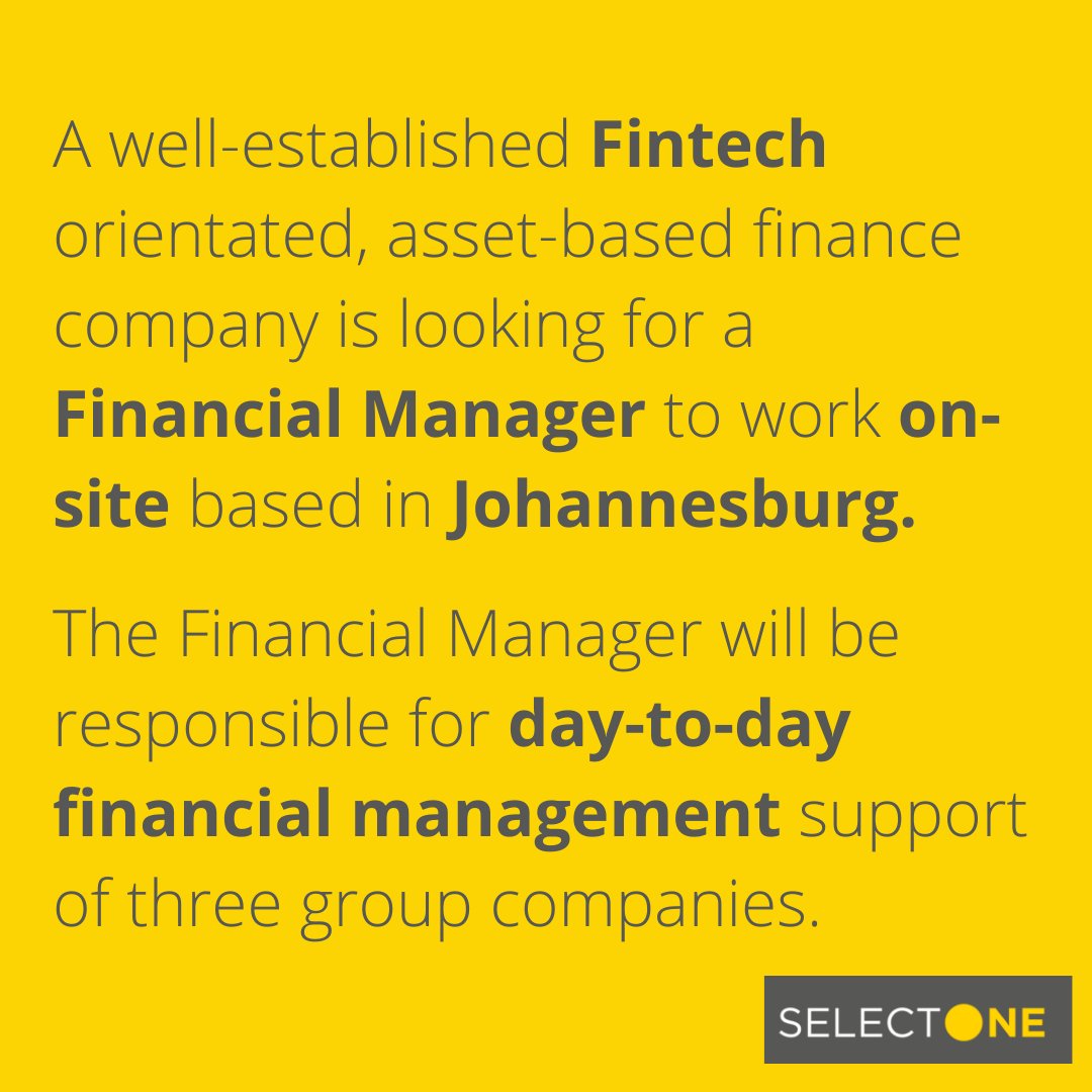 SelectONEza's tweet photo. #Vacancy #NowHiring #FinancialManager #Johannesburg

🟡To apply: 
🌐 https://t.co/Ggt1y3pJCv
📧 info@selectone.co.za

🟡 View #AllJobs &amp; #vacancies available on #SelectONE here: https://t.co/bYT8B5PI8O https://t.co/wXTnx81zaC