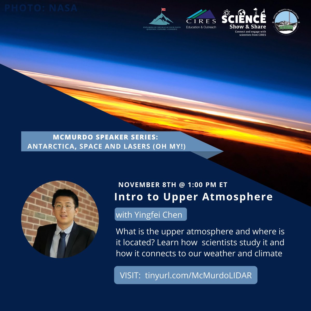 CIRES (@ciresnews) on Twitter photo On 11/8 at 11am MT, join @CiresEO & <a href="/EBTSOYP/">ExploringByTheSeat - Find us on BlueSky</a> for the McMurdo Speaker Series: Intro to the Upper Atmosphere, LIVE with <a href="/CUBoulder/">CU Boulder ๐ฆฌ</a>'s Yingfei Chen. Learn about the #UpperAtmosphere and how it connects to our #weather & #climate.
Register now โก๏ธ tinyurl.com/McMurdoLIDAR On 11/8 at 11am MT, join @CiresEO & <a href="/EBTSOYP/">ExploringByTheSeat - Find us on BlueSky</a> for the McMurdo Speaker Series: Intro to the Upper Atmosphere, LIVE with <a href="/CUBoulder/">CU Boulder ๐ฆฌ</a>'s Yingfei Chen. Learn about the #UpperAtmosphere and how it connects to our #weather & #climate.
Register now โก๏ธ tinyurl.com/McMurdoLIDAR