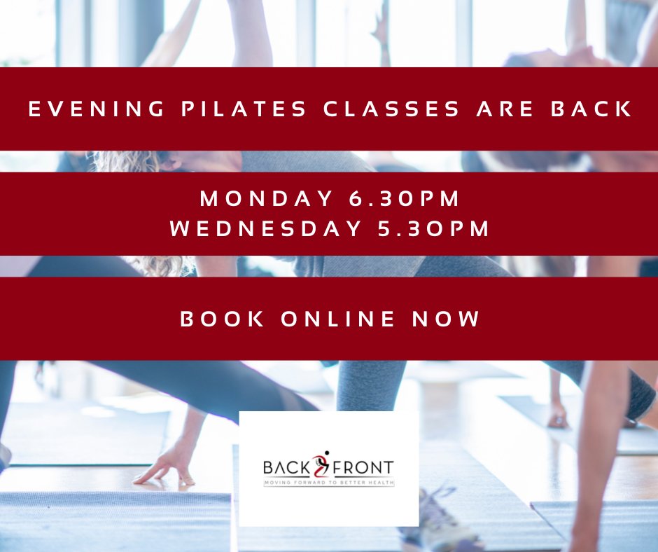 We are pleased to announce that our Evening Pilates Classes will restart on Mon Nov 7th!!
We will be running 2 evening classes per week.
Mon 6.30pm
Wed 5.30pm
Classes will be delivered by the wonderful Liz from LV Sports Massage
Book your space now!
back2frontphysio.com/exerciseclasses