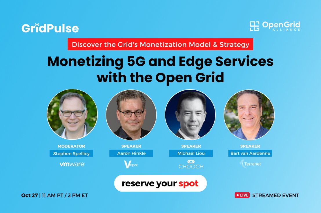opengridallianc's tweet photo. Last chance to register for this live-streamed event to discover the grid’s monetization model and strategy.
GridPulse: Monetizing 5G and Edge Services with the Open Grid | Thursday, Oct. 27th | 11AM PT / 2PM ET
Link: https://t.co/UUMD1tpSMk
#GridPulse #opengridalliance #5G https://t.co/eglVs3o0Uv
