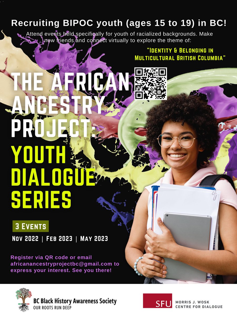 The African Ancestry Project will be hosting a youth dialogue series to create a safe space for BIPOC youth to connect &amp; engage on "Identity and Belonging in Multicultural BC". If you're a BIPOC youth (aged 15-19) interested in participating, register at: forms.gle/JVHPrM5qpq5HNf…