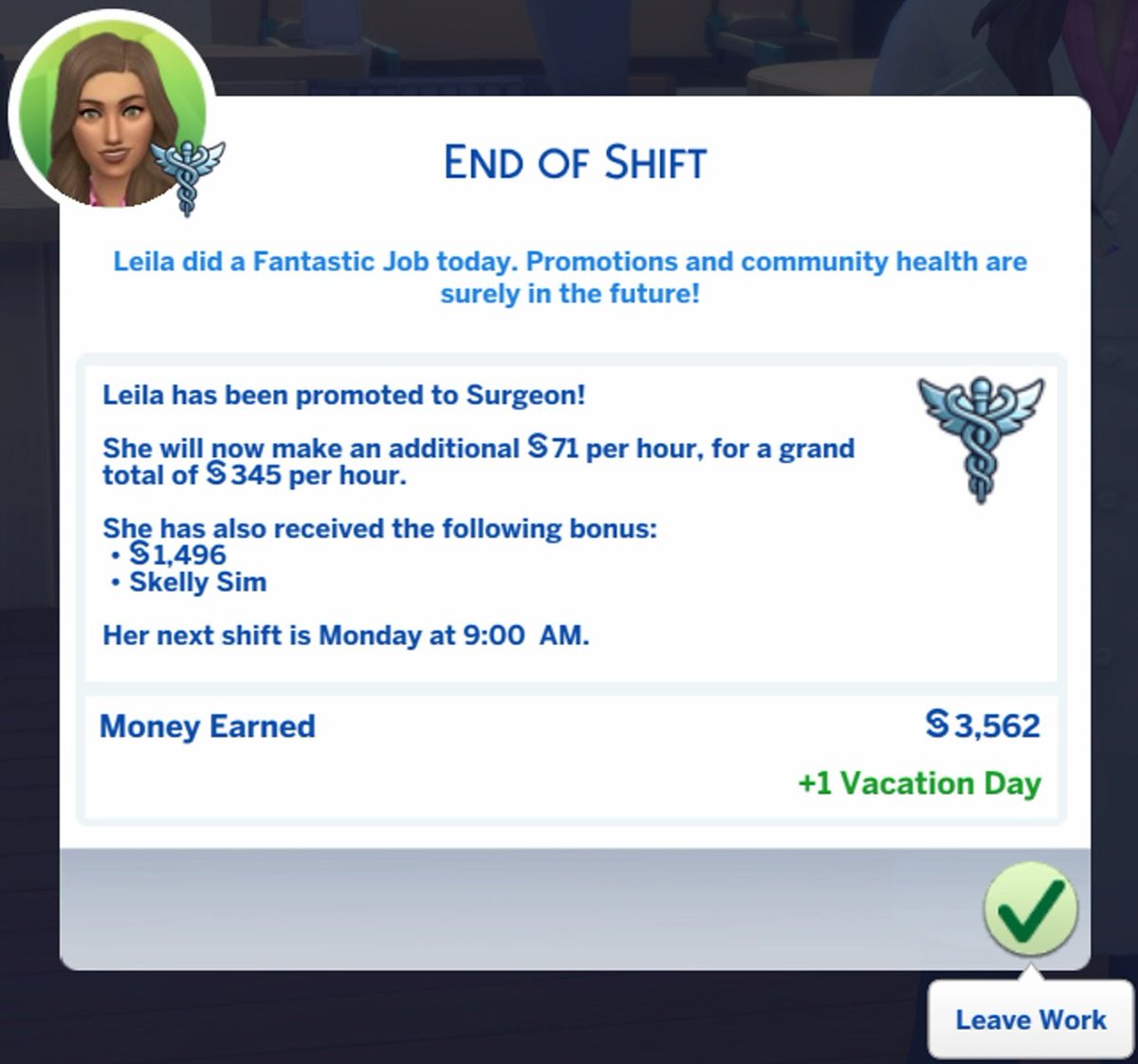 _LizDoesThings's tweet photo. Curing Desiree boosted Leila's work performance, and earned her a promotion!✨
Leila went home very pleased with herself, and now an official surgeon! 🏥

#TS4 #TheSims4 #Sims4 #TheSims https://t.co/bAs6BuclY8