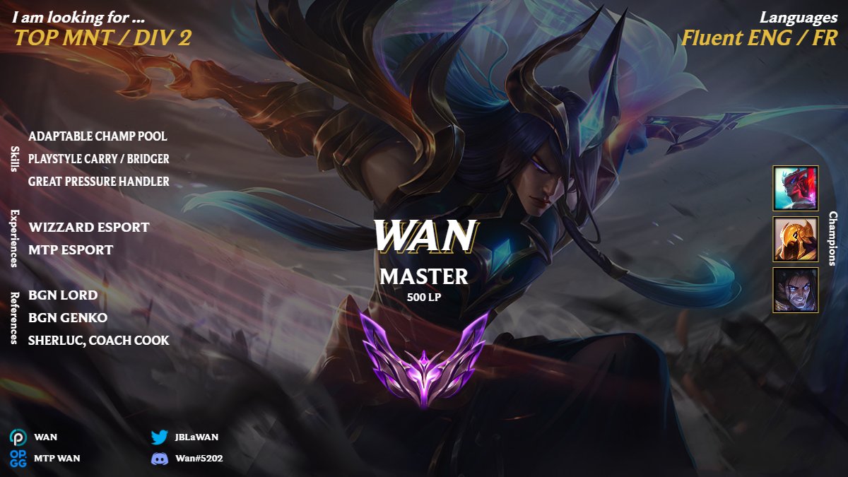 Hello ! 
After a year with @FlashInAgenc (MTP Esport) in MNT
I'm now LFT

Mainly looking for TOP MNT / Div 2

My DM's are open for more information
RT's and likes are very appreciated