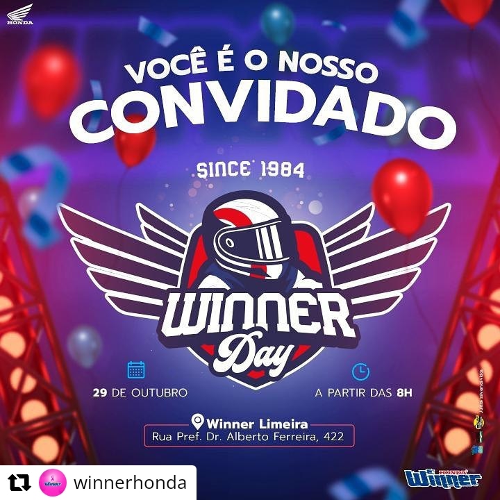 interdelimeira's tweet photo. CONVITE ESPECIAL
Sábado (29), é Dia de comemorar os 38 anos da WINNER, e você está convidado.
A partir das 08h da manhã.
R: Pref. Dr. Alberto Ferreira, 422 - Centro - Limeira/SP.
Esperamos por vocês 😃
#winner #winnerhonda #winnerday #38anos #aniversariodawinner #winner38anos https://t.co/KgN4XQ8xUh