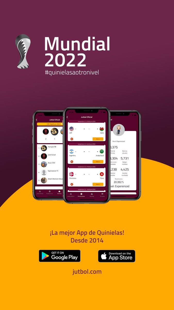 #Qatar2022 por Jutbol.com

La mejor App de #quinielas 😎
- Brasil 2014
- Rusia 2018
- Qatar 2022 

Armá ya tus quinielas del Mundial, invitá a tus amigos y compañeros y agregá las Predicciones ⚽️

#quinielasaotronivel 🇶🇦