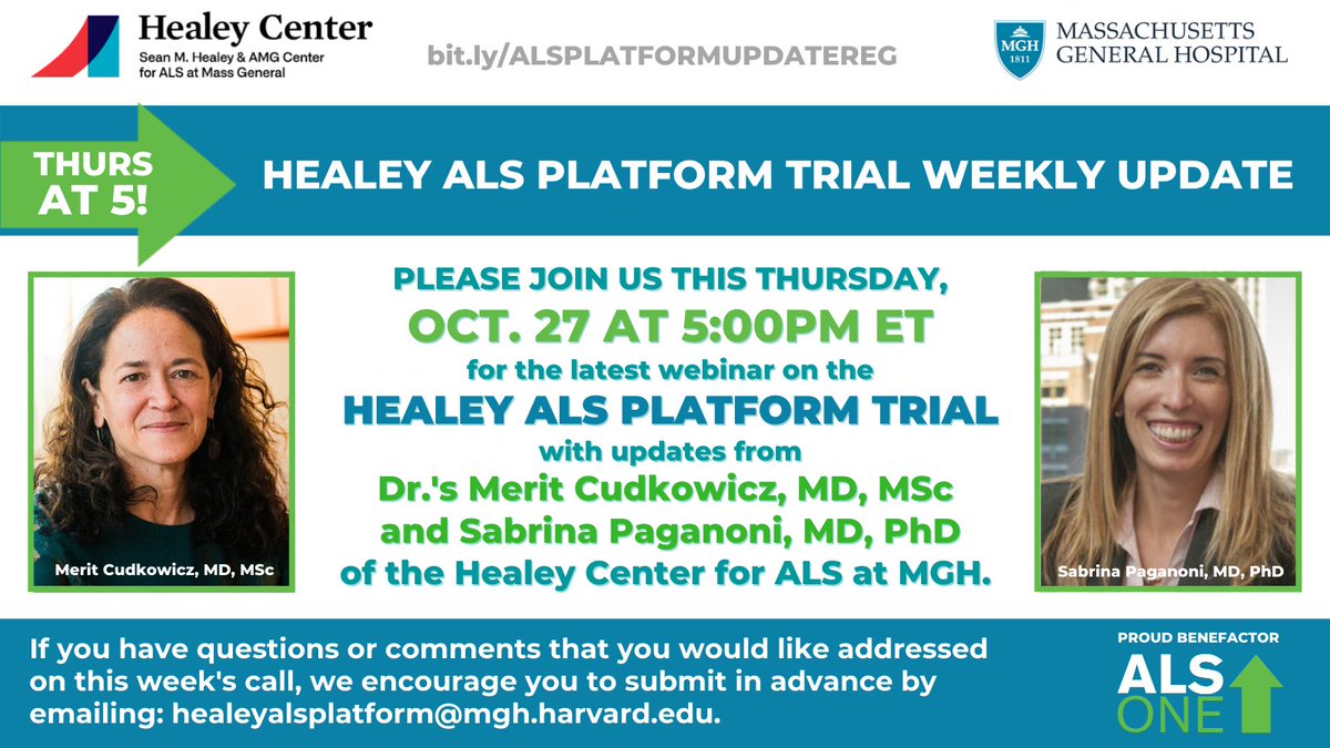 alsone_official's tweet photo. Please join us this Thurs 10/27 at 5pm EST for the latest updates on the #HealeyALSPlatformTrial with hosts and lead trial investigators, @MeritCudkowicz &amp; @PaganoniMDPhD of @MGHNeurology.  #FreeReg  https://t.co/ed3aMEP5ut #ALS #EndALS https://t.co/JiEwT3hbz7