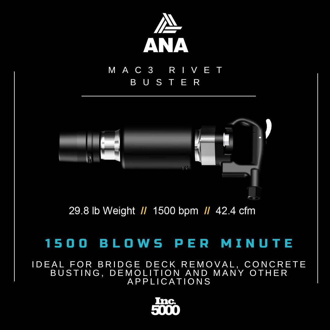 alliancenainc's tweet photo. The hard-hitting MAC3 Rivet Buster delivers 1500 blows per minute with a 6-3/4" piston stroke. It has also become the go-to tool for removing bridge decks, breaking concrete, tearing down buildings, and many other applications in the construction and concrete industries.#MAC3 https://t.co/I3jDCawhzu