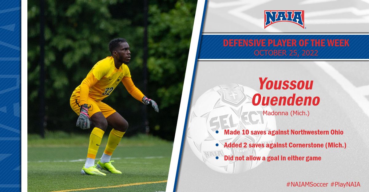 NAIA (@naia) on Twitter photo Mโฝ๏ธ | Youssou Ouendeno of <a href="/MUCrusaders/">Madonna Athletics</a> is the NAIA Defensive Player of the Week after making 12 saves in two shutouts.
Read more --> bit.ly/3dd7Dmq
#NAIAPOTW #NAIAMSoccer #CollegeSoccer Mโฝ๏ธ | Youssou Ouendeno of <a href="/MUCrusaders/">Madonna Athletics</a> is the NAIA Defensive Player of the Week after making 12 saves in two shutouts.
Read more --> bit.ly/3dd7Dmq
#NAIAPOTW #NAIAMSoccer #CollegeSoccer