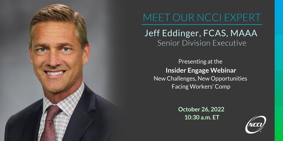 NCCI's tweet photo. Tomorrow NCCI's Jeff Eddinger joins other industry leaders for an informative @InsiderEngage webinar to discuss challenges and opportunities facing #workerscomp writers. Register for this free webinar @ https://t.co/HUkcbmmdXt  #NCCISpeaks https://t.co/o8KKFmR6p3