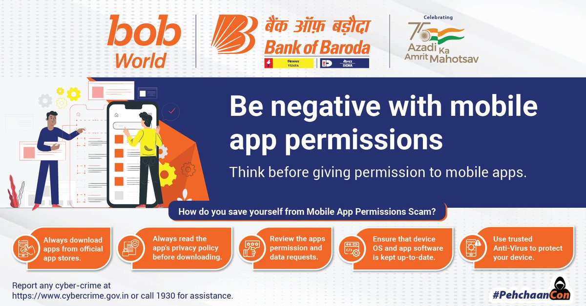 bankofbaroda's tweet photo. Vaise toh life mein hamesha positive rehna chahiye but when it comes to giving unnecessary permissions to mobile apps, saying NO is always better! Read all the terms and conditions properly before you say YES! #CyberSecurityAwarenessWeek #CyberSecurity #PehchaanCon @AmritMahotsav https://t.co/FSSNhF6gV5
