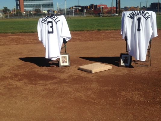 #OTD in 2015 Alan Trammell and Lou Whitaker are honored by the Navin Field Grounds Crew at the site of #TigerStadium   freep.com/story/sports/m…