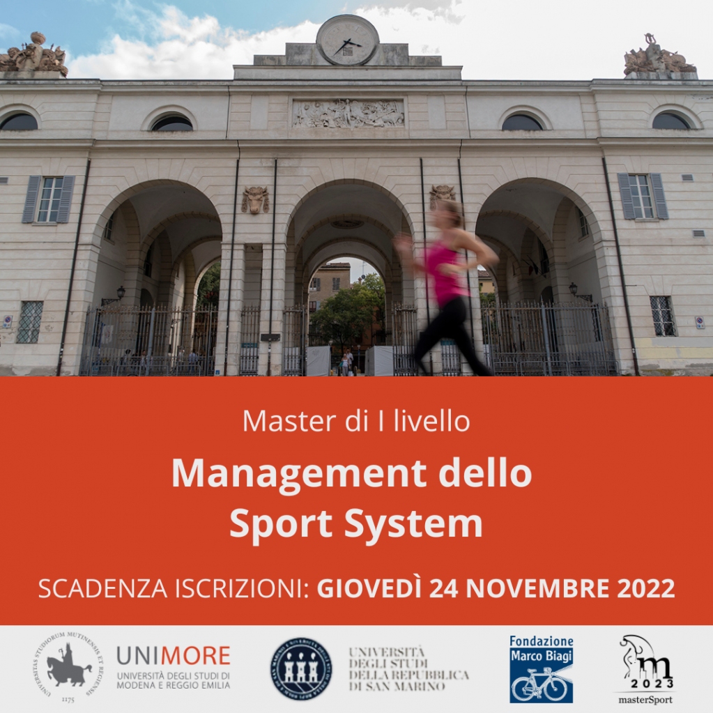 Sono aperte le iscrizioni per il nuovo Master in Management dello Sport System, organizzato dal Dipartimento di Economia Marco Biagi <a href="/UNIMORE_univ/">UNIMORE</a>, l'Università degli studi di San Marino, insieme a <a href="/mastersport96/">MasterSport Institute</a>  e alla <a href="/FMB_Modena/">Fondazione Marco Biagi</a>.
Scopri di più su bit.ly/3VI86hH