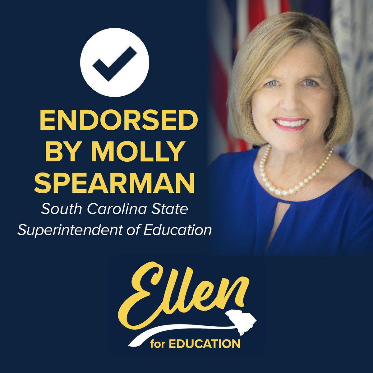 THANK YOU State Superintendent <a href="/Molly_Spearman/">Molly Spearman</a> for your endorsement! “I have known Ellen for nearly a decade &amp; have been impressed w/ her work ethic, willingness to reach out to others &amp; listen, &amp; strong desire to make meaningful change for the students &amp; teachers of our state."