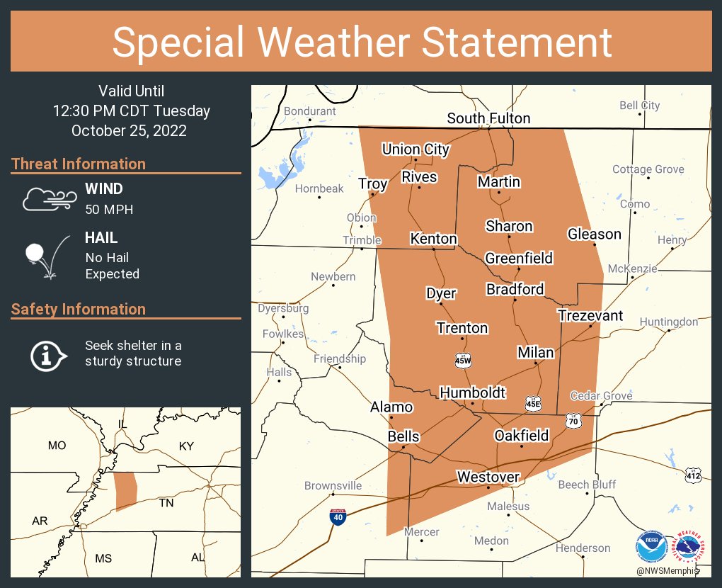 A special weather statement has been issued for Martin TN, Union City TN and Humboldt TN until 12:30 PM CDT