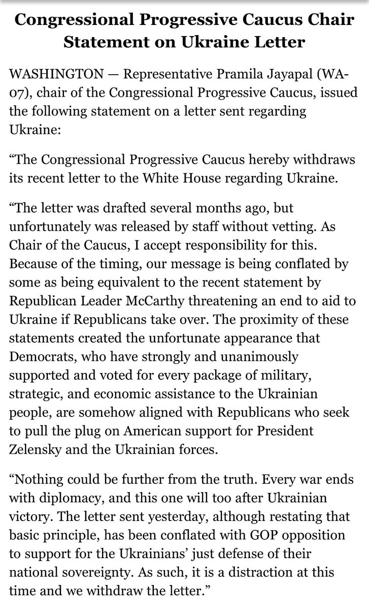 Congressional Progressive Caucus “withdraws” its Ukraine letter from yesterday