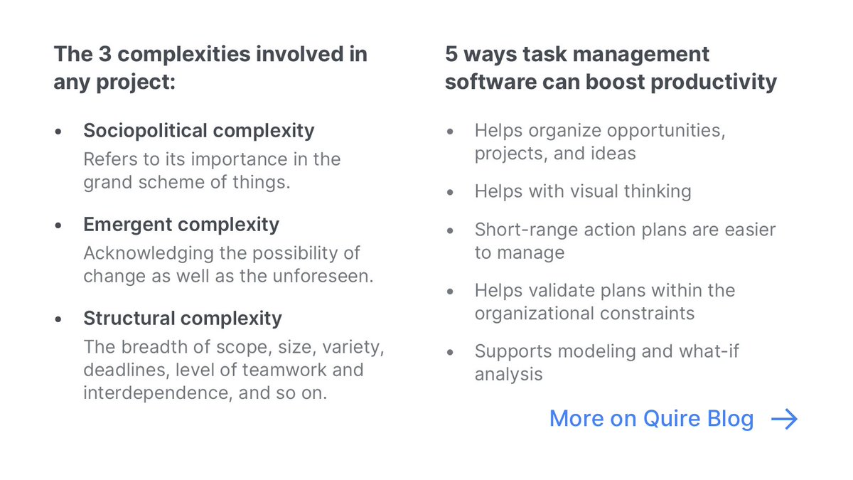 quire_io's tweet photo. Strategic Thinking, Project Complexity, and How Project Management Software Helps📈💪
🔗: https://t.co/QsbIdstDFT
#QuireBlog #projectmanagement #productivity #remotework #GTD #success #goals #goalsetting #smallbiz #timemanagement #SaaS #software #entrepreneurship #businesstips https://t.co/jMeIS78Fnz