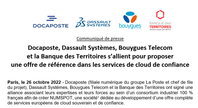 #NumSpot | <a href="/Docapost/">Docaposte</a>, <a href="/3DSfrance/">Dassault Systèmes FR</a>, <a href="/bouyguestelecom/">Bouygues Telecom</a> et <a href="/BanqueDesTerr/">Banque des Territoires</a> s’allient pour proposer une offre de référence dans les services de #cloud de confiance >> lapostegroupe.com/fr/actualite/d…
#SouverainetéTechnologique