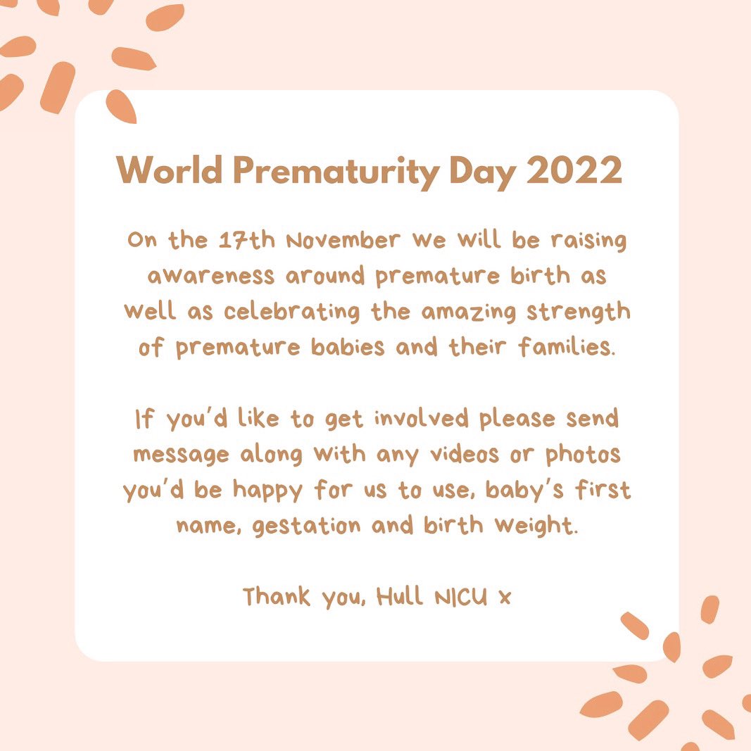 Hull Nicu (@hullnicu) on Twitter photo 💜💜 World Prematurity Day.. We’ve got lots of exciting things planned this year & we’d love you to get involved too! Whatever your length of time in NICU, see the post below.
Pop us a message if you’re on board or have any questions 💜💜
<a href="/wearefamilyhg/">@WeAreFamilyHG 💙</a> <a href="/HullHospitals/">Hull University Teaching Hospitals NHS Trust</a> 💜💜 World Prematurity Day.. We’ve got lots of exciting things planned this year & we’d love you to get involved too! Whatever your length of time in NICU, see the post below.
Pop us a message if you’re on board or have any questions 💜💜
<a href="/wearefamilyhg/">@WeAreFamilyHG 💙</a> <a href="/HullHospitals/">Hull University Teaching Hospitals NHS Trust</a>