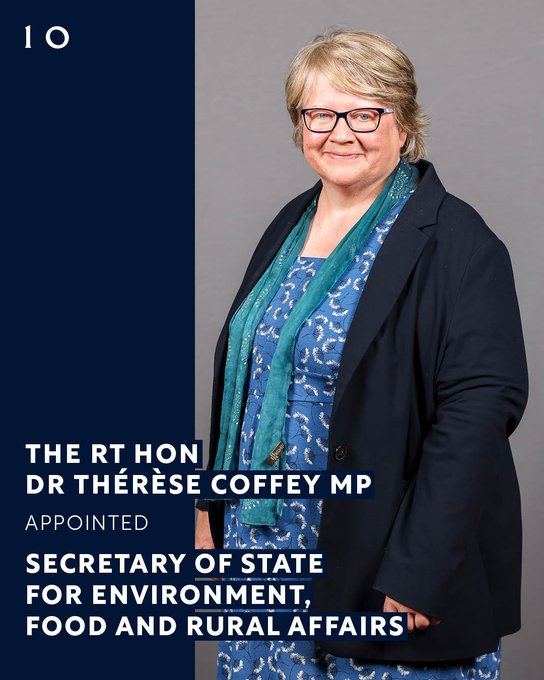 The Rt Hon Dr Thérèse Coffey MP appointed Secretary of State for Environment, Food and Rural Affairs.
