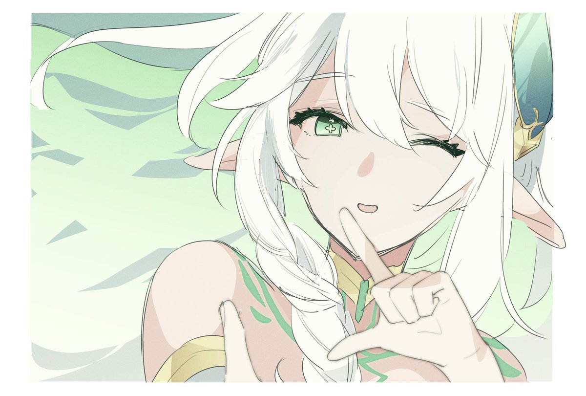 nahida (genshin impact) 1girl one eye closed solo green eyes pointy ears white hair long hair  illustration images