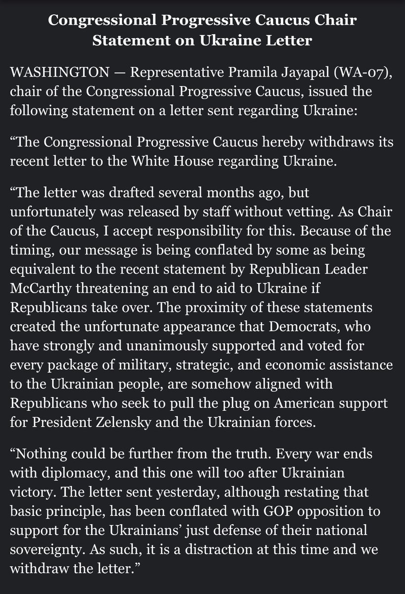 The Congressional Progressive Caucus has withdrawn its letter to Biden on US policy toward the Russian invasion of Ukraine that caused political backlash Full statement from Rep. Pramila Jayapal: