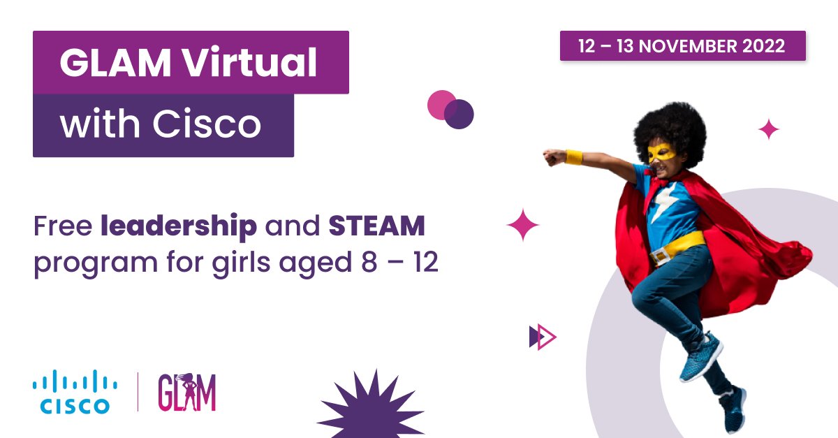 GLAMReadyToLead's tweet photo. We're proud to announce our next #GLAMVirtual will be held as a two-day event, sponsored by @Cisco! Girls aged 8 to 12, be sure to mark your calendars for November 12 & 13! There will be amazing Keynote Speakers and a fun coding program in @scratch π₯
#GirlsInSTEM #WomenofCisco https://t.co/BZeBxAlsUC
