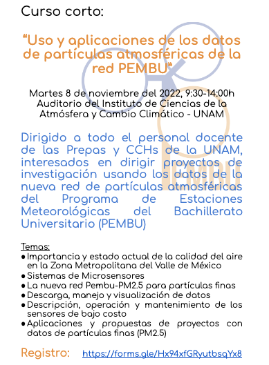 CCHUNAM's tweet photo. #cchros #docentes 
Curso "Uso y aplicaciones de los datos de partículas atmosféricas de la Red PEMBU"

Martes 8 de noviembre de 9:30 a 14:00 en las instalaciones del Instituto de Ciencias de la Atmósfera y Cambio Climático de la UNAM.

Registro: https://t.co/K2Vbv4I2P8 https://t.co/QTHDYTX2hc
