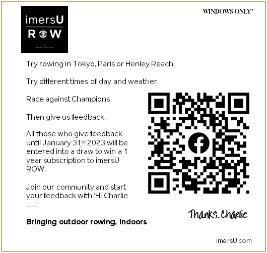 ImmersiveGym's tweet photo. Your feedback will help us improve what we do.  All those who give feedback until January 31st 2023 will be entered into a draw to win a 1 year subscription to imersU ROW.  

Join our community and start your feedback with ‘Hi Charlie ……’

https://t.co/wxIRUuXJTK. https://t.co/zvzCfdIQkZ