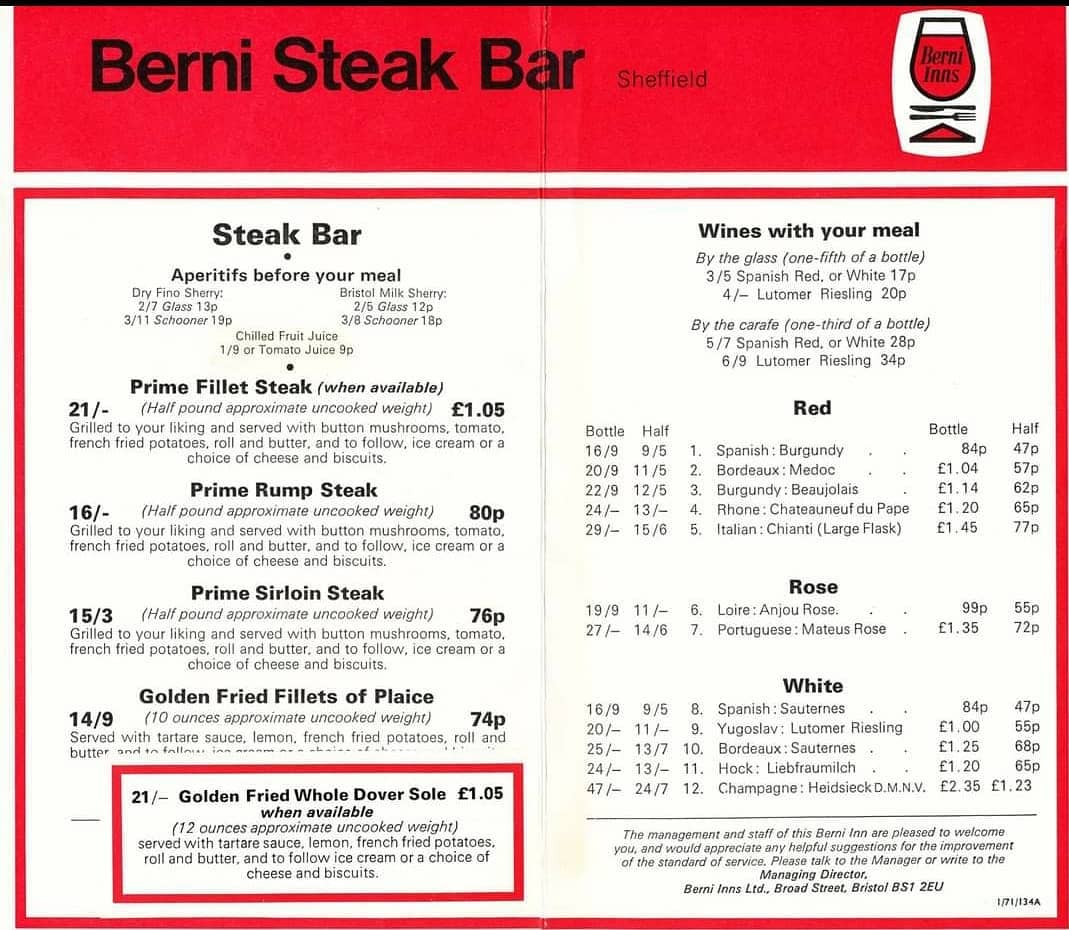 1940to1980's tweet photo. @seventiesuk Oh my god😆 Prime Sirloin Steak 76p with a bottle of red £1.45p #berniinns #costoflivingcrisis #RishiOut https://t.co/5bPAFApi1A